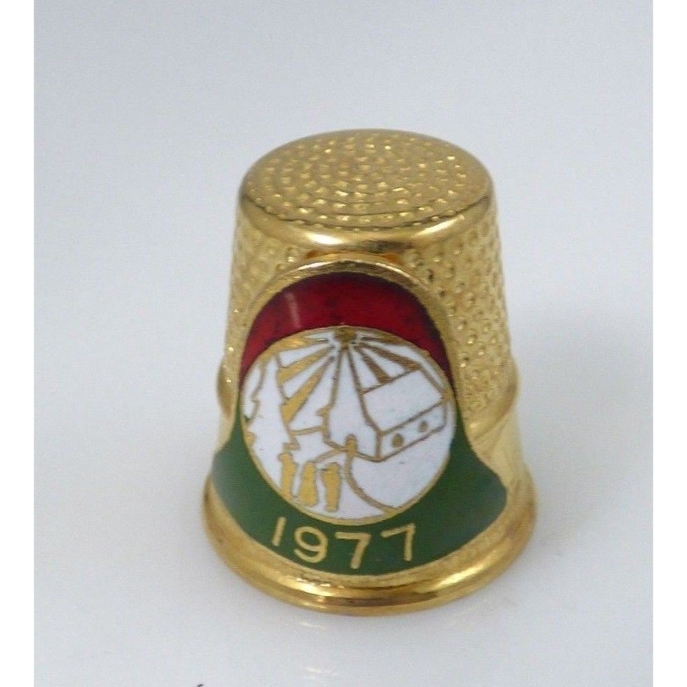 Vintage Lillian Vernon 1977 Church Scene Gold Tone Thimble Christmas Bell Enamel